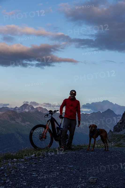 Mountain biker with headlamp, with trail dog in the evening, man with his Vizsla, panoramic trail, Davos, Grisons, Switzerland, Europe