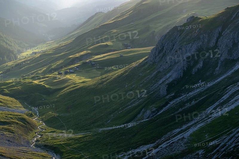 Evening mood in the mountains, view of Sapün from the Strela Pass, Davos, Grisons, Switzerland, Europe