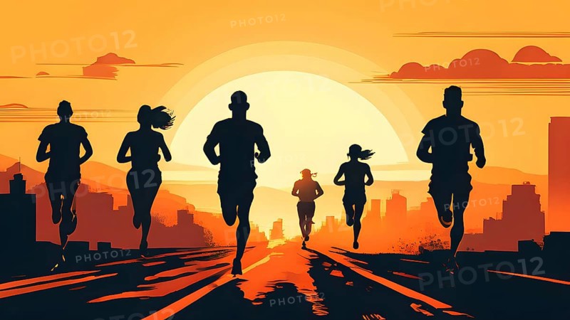 Vintage wallpaper of city marathon runners in a mixed group of men and women, AI generated