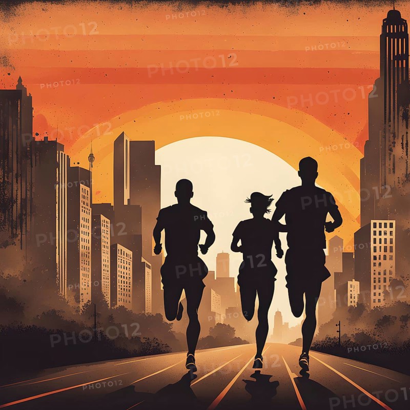 Vintage wallpaper of city marathon runners in a mixed group of men and women, AI generated