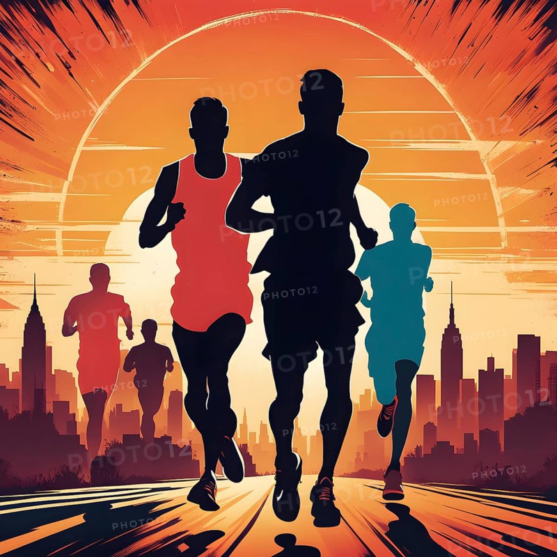 Vintage wallpaper of city marathon runners in a mixed group of men and women, AI generated