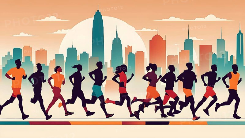 Vintage wallpaper of city marathon runners in a mixed group of men and women, AI generated