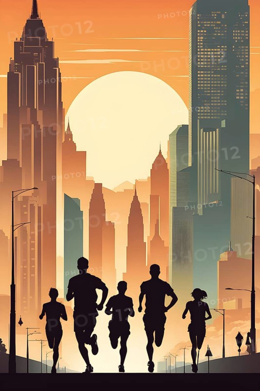 Vintage wallpaper of city marathon runners in a mixed group of men and women, AI generated