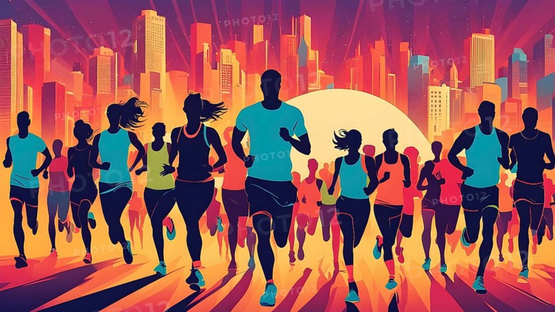 Vintage wallpaper of city marathon runners in a mixed group of men and women, AI generated