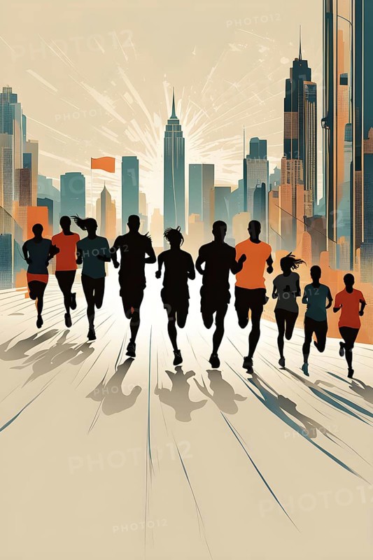 Vintage wallpaper of city marathon runners in a mixed group of men and women, AI generated