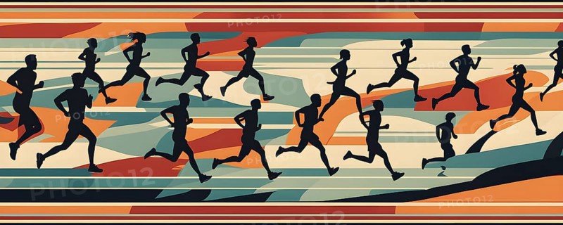 Vintage wallpaper of city marathon runners in a mixed group of men and women, AI generated