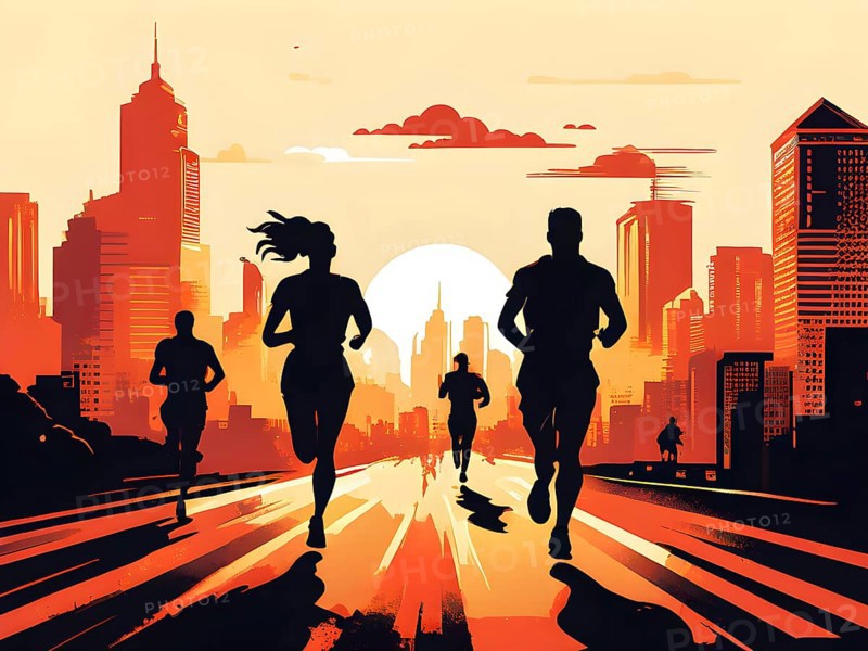 Vintage wallpaper of city marathon runners in a mixed group of men and women, AI generated