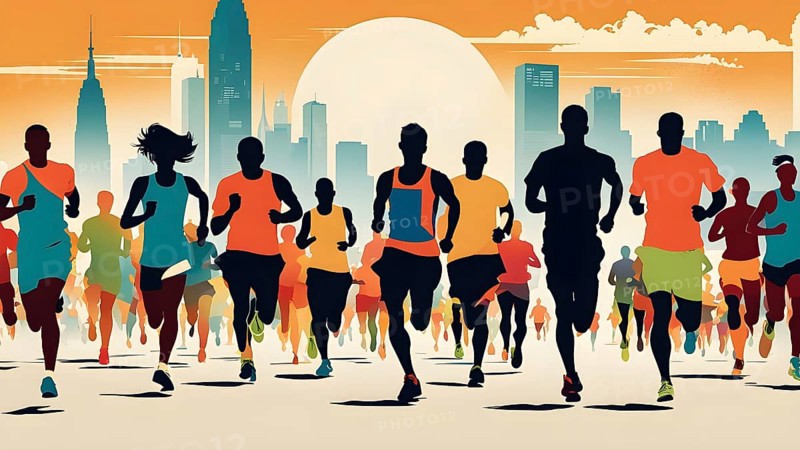 Vintage wallpaper of city marathon runners in a mixed group of men and women, AI generated