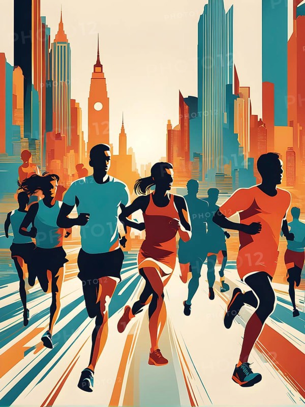 Vintage wallpaper of city marathon runners in a mixed group of men and women, AI generated