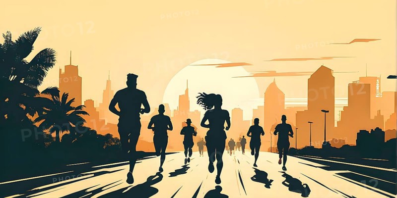 Vintage wallpaper of city marathon runners in a mixed group of men and women, AI generated