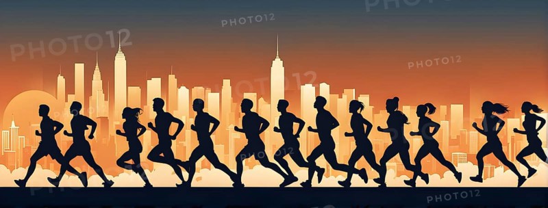 Vintage wallpaper of city marathon runners in a mixed group of men and women, AI generated