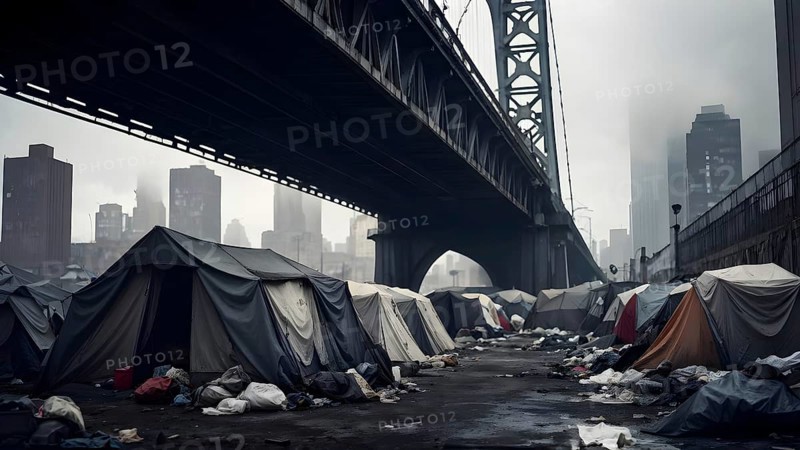 Homeless individuals huddled together in a makeshift tent city, AI generated