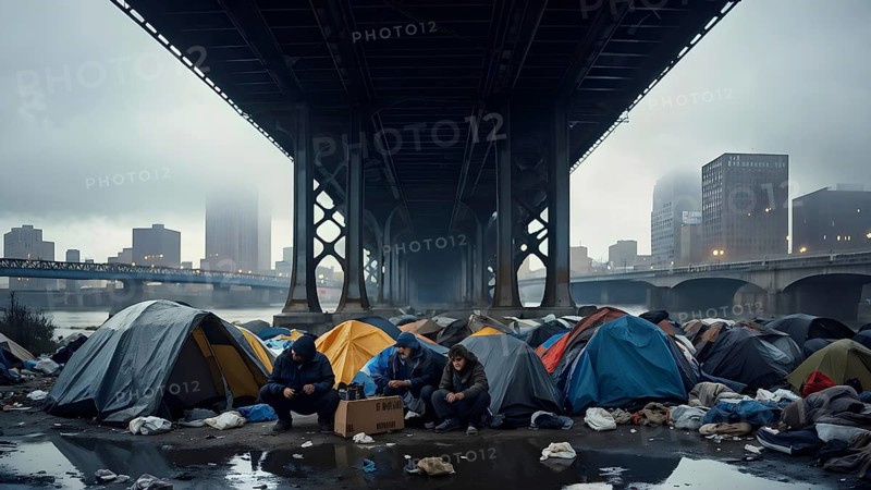 Homeless individuals huddled together in a makeshift tent city, AI generated