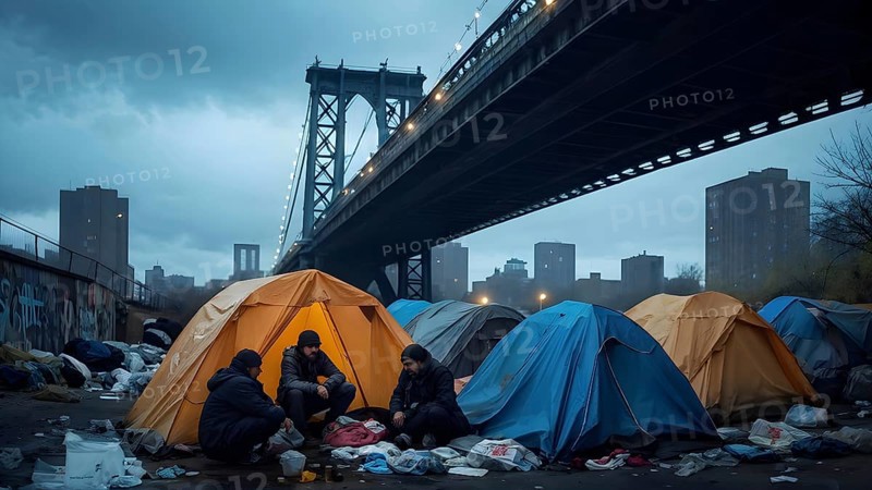 Homeless individuals huddled together in a makeshift tent city, AI generated