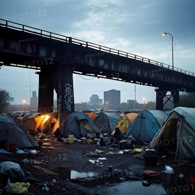 Homeless individuals huddled together in a makeshift tent city, AI generated