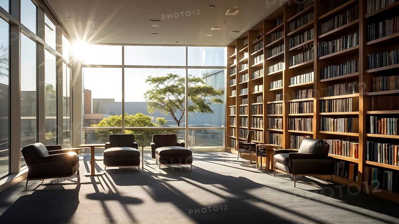 Sunlight bathing an empty modern library with rows of sleek bookshelves, AI generated