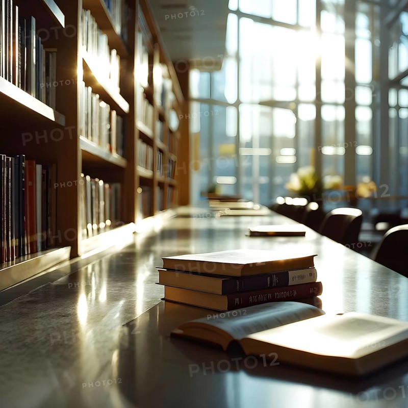 Sunlight bathing an empty modern library with rows of sleek bookshelves, AI generated