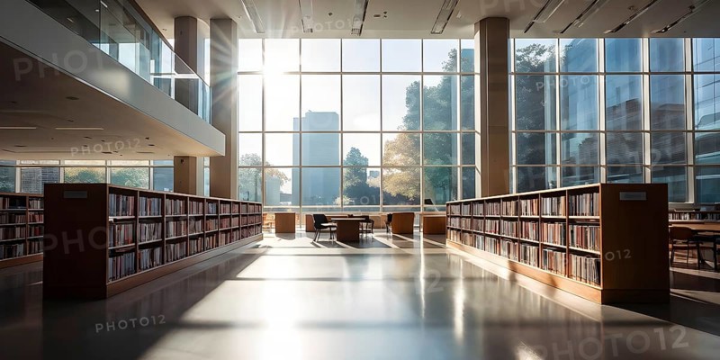 Sunlight bathing an empty modern library with rows of sleek bookshelves, AI generated