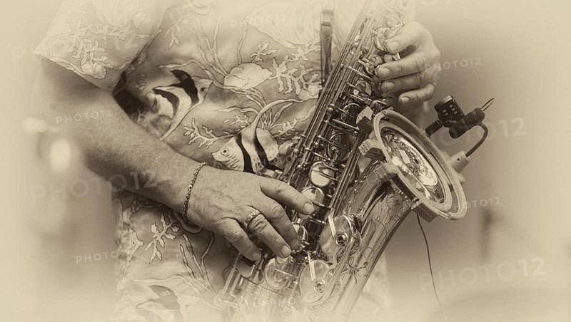 Close-up, saxophonist Ulrich Schneider of the jazz band LoT Late on Tuesday, black and white, vintage, Stuttgart, Baden-Württemberg, Germany, Europe