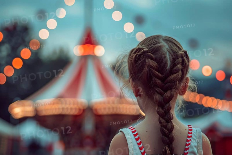 Young girl child looking at circus tent. Generative Ai, AI generated