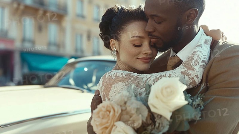 A loving couple embracing on a sunny day with wedding attire and flowers, AI generated