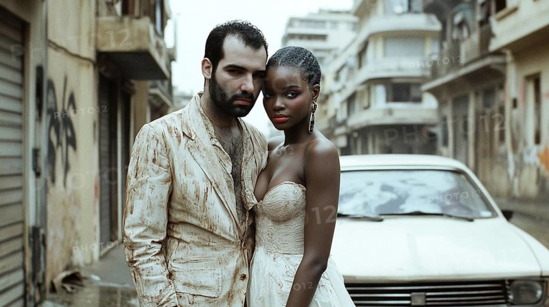 A serious couple standing close together in an urban setting with a car behind them, AI generated