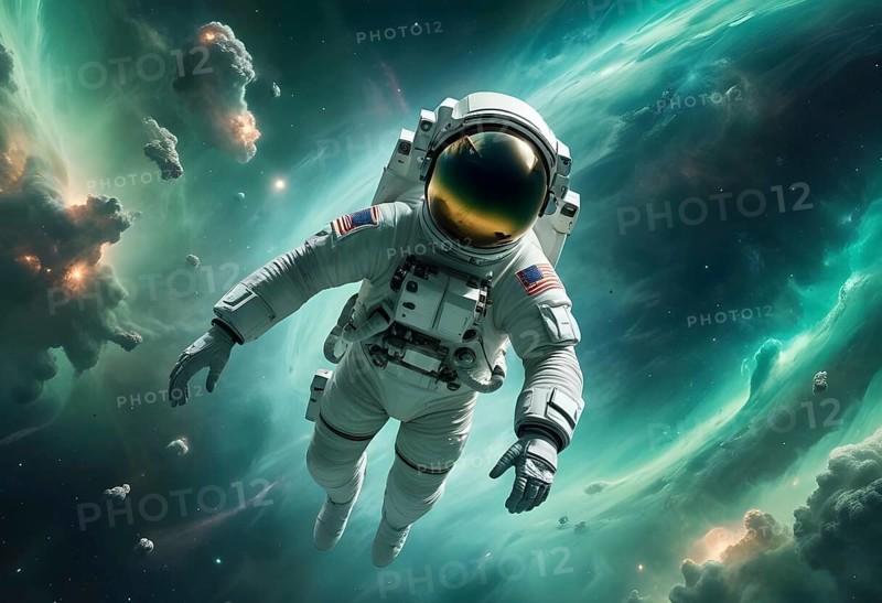 Astronaut floating in a vibrant, colorful galaxy, surrounded by stars and cosmic clouds, capturing the essence of space exploration, AI generated