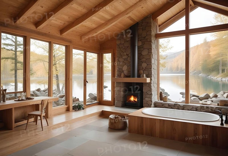 Cozy cabin living room with a fireplace and large windows providing a serene lake view, featuring a wooden interior and autumn scenery, AI generated