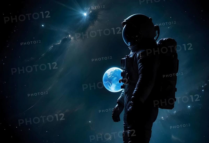 Astronaut in space gazing at Earth, surrounded by the darkness and stars of the galaxy, evoking feelings of solitude, AI generated