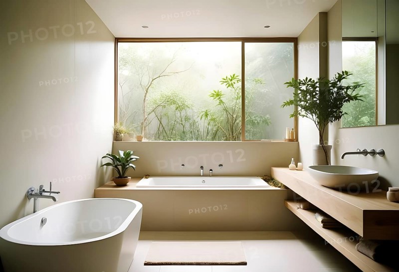 Modern bathroom with a large window showcasing greenery outside, featuring a luxurious bathtub and minimalist design, AI generated