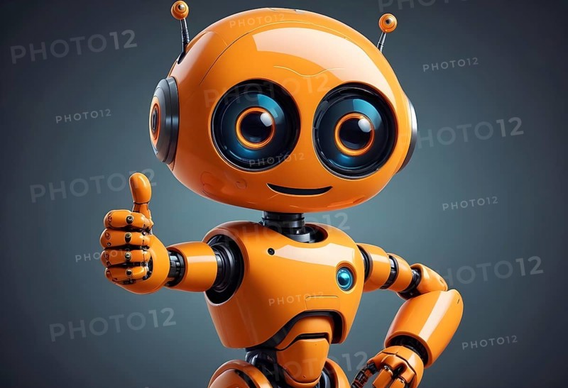 A cheerful orange humanoid robot giving a thumbs up, conveying a friendly and advanced technological vibe, AI generated