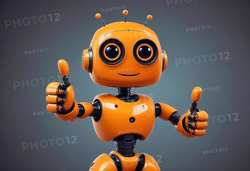 A joyful, friendly orange robot giving a thumbs up, evoking a futuristic and happy atmosphere, AI generated