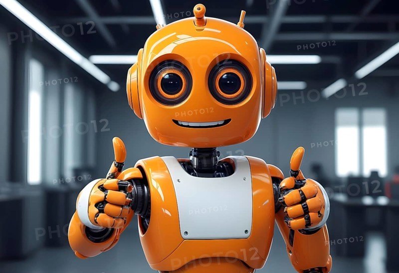 A friendly orange robot giving thumbs up, evoking a playful and futuristic atmosphere, AI generated