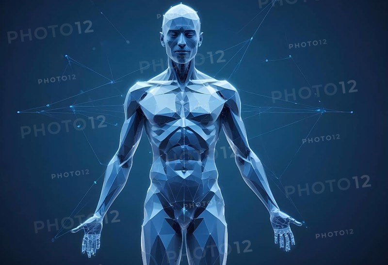 A geometric human figure composed of polygons and networks in a blue hue, representing advanced technology, AI generated
