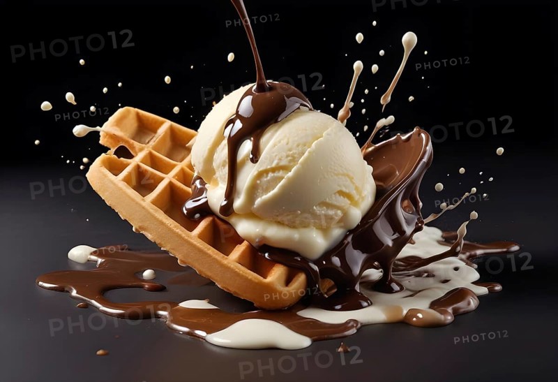 Indulgent dessert featuring a waffle topped with ice cream and chocolate sauce splashing, set against a dark background, AI generated