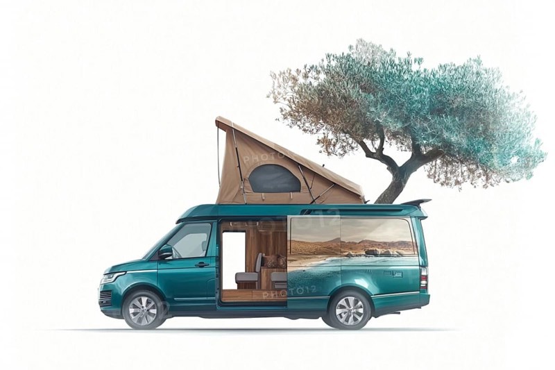 Green camper van with a custom mural and pop-up roof, parked next to a tree in a scenic outdoor setting, AI generated