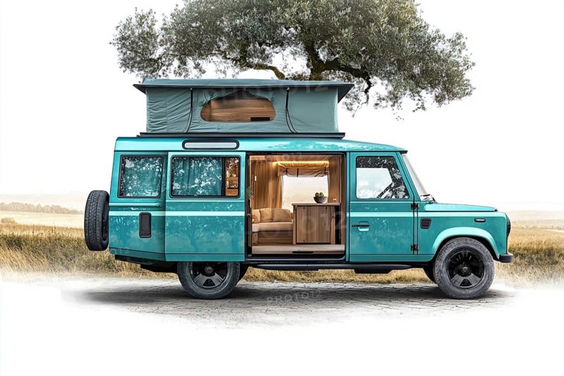 Modern teal green camper van with pop-up roof in an open field next to a tree, ready for camping, AI generated