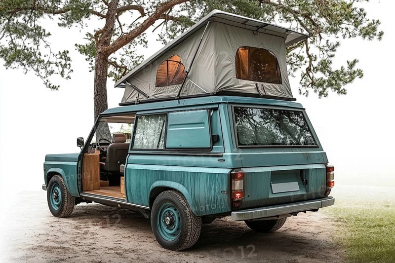 Retro teal camper van with a tent roof parked under a tree, ready for a rustic camping adventure, AI generated