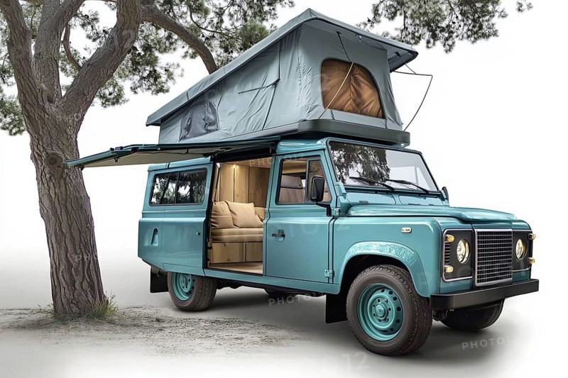 Vintage blue camper van with tent roof parked next to a tree in a forest, ready for adventure, AI generated