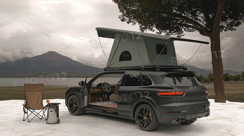 Modern black SUV set up for camping near a mountain lake, accompanied by a camping chair, AI generated