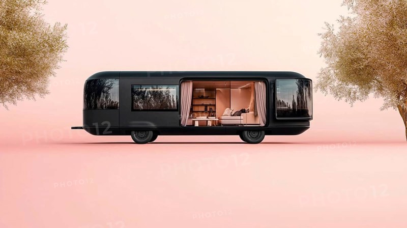 Modern camper with large windows and a sleek design, revealing a comfortable interior through the open door, AI generated
