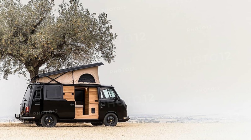 Black van with a pop-up roof parked next to a tree with an open door exposing wooden accents, creating a tranquil scene, AI generated