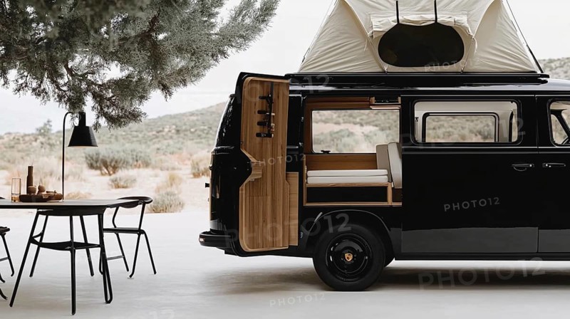 Black van with pop-up roof and open side door revealing a modern interior, parked near a dining table and chairs, AI generated