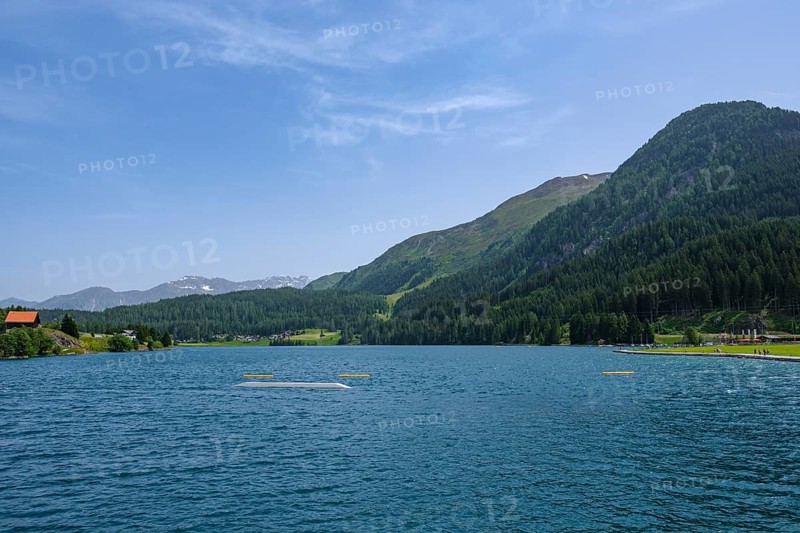 View of a lake with blue water, surrounded by green hills and forests under a clear sky with few clouds, Davos, Switzerland, Europe