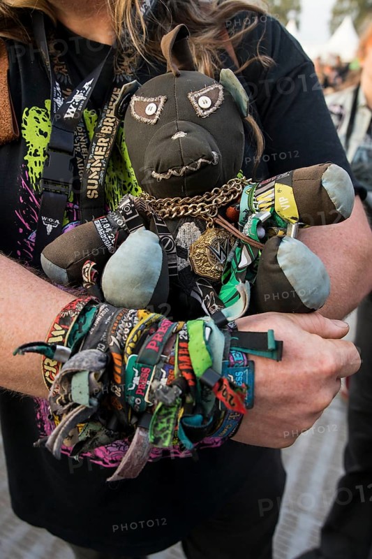 A photographer presents his mascot and his festival bands at the Wacken Open Air in Wacken. The traditional metal festival takes place from 31 July to 3 August 2024
