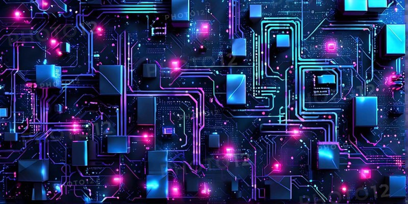 Cyber technology mosaic wallpaper illustration in digital art, AI generated