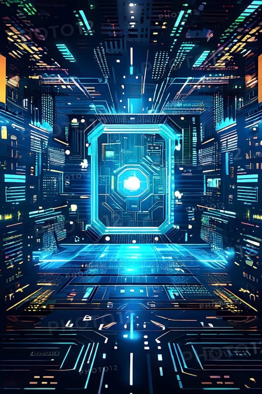Cyber technology mosaic wallpaper illustration in digital art, AI generated