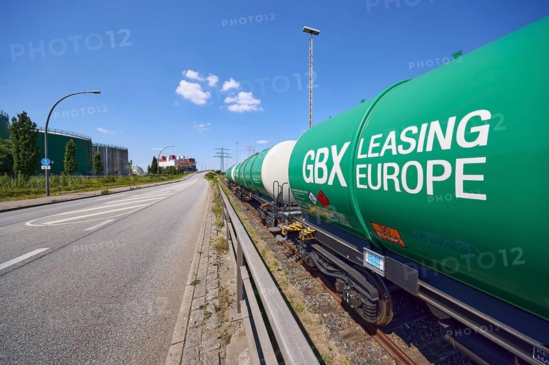 Road with railway tracks and tank wagons from GBX Leasing Europe in the Port of Hamburg, Free and Hanseatic City of Hamburg, Hanseatic City, independent city, Federal State of Hamburg, Germany, Europe