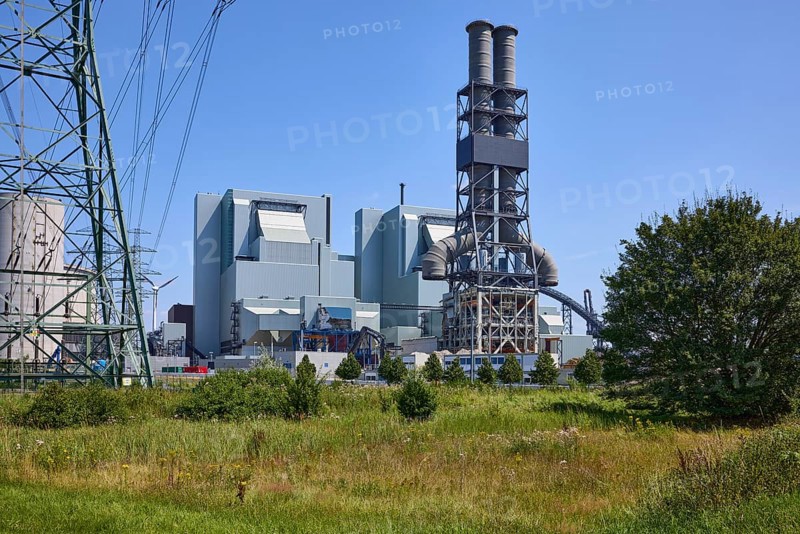Moorburg coal-fired power station against a cloudless blue sky in the district of Moorburg, Free and Hanseatic City of Hamburg, Hanseatic city, independent city, federal state of Hamburg, Germany, Europe