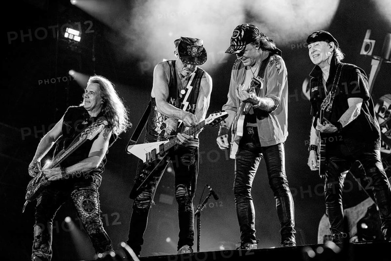 Pawel Maciwoda, Rudolf Schenker, Matthias Jabs and singer Klaus Meine from the band Scorpions at the Wacken Open Air in Wacken. The traditional metal festival takes place from 31 July to 2 August 2024. Note: the photo was subsequently converted to b/w